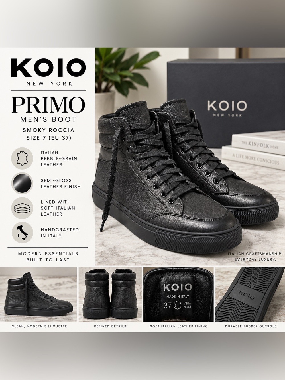KOIO Primo Men’s High Top Sneakers Black Italian Leather Size 7 EU 37 Made Italy